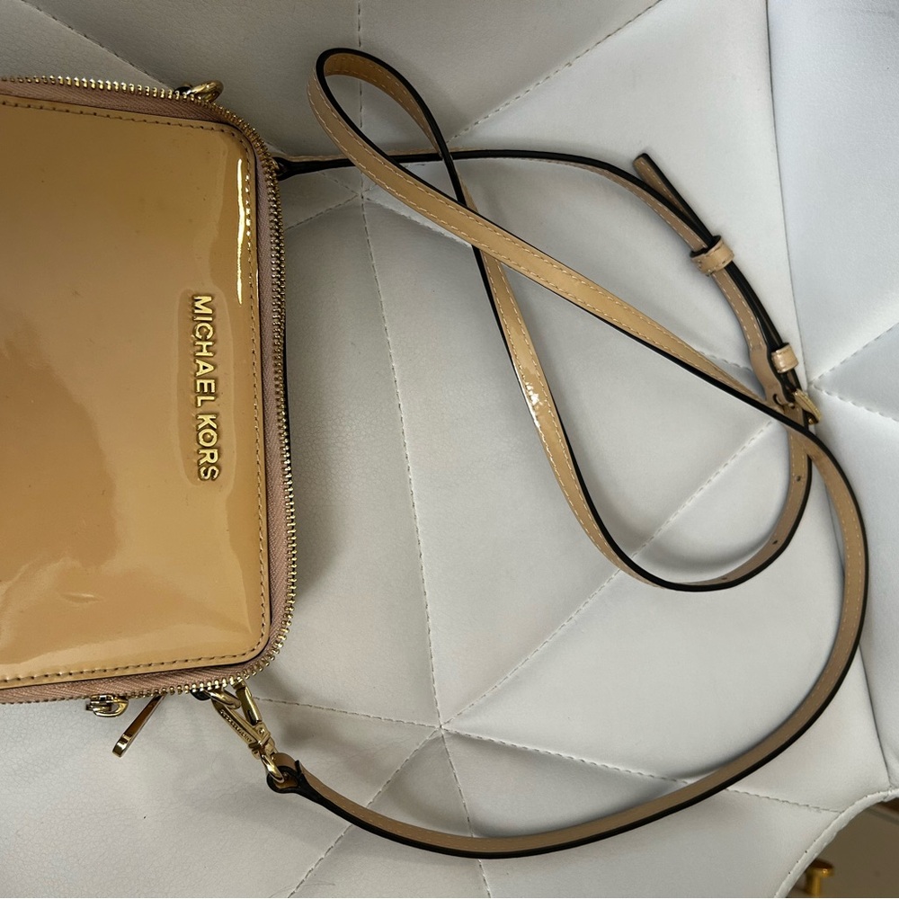 Michael Kors Tan Patent Leather Crossbody Bag with Adjustable Strap